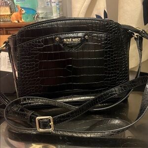 Nine West Glossy Black Croc Crossbody Bag